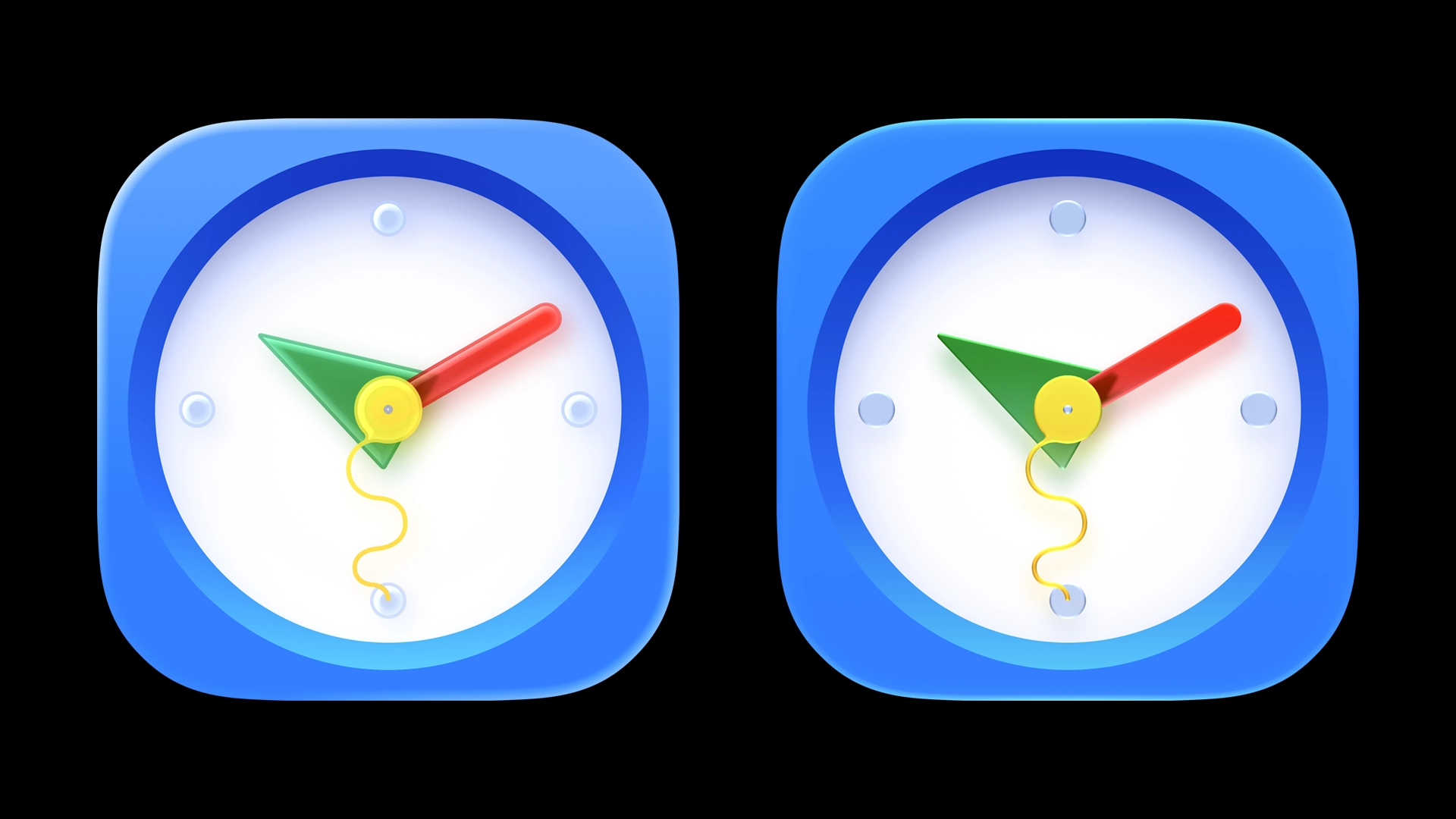 A clock icon in both OS 26 and OS 27 Liquid Glass styles, demonstrating layered elements with sharper contours.