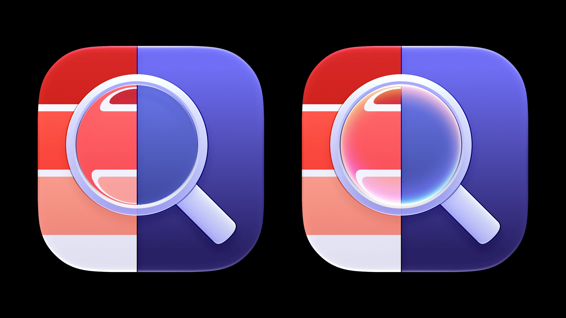 A magnifying glass refracting the color palette beneath, before and after adding a chromatic aberration around the lens.