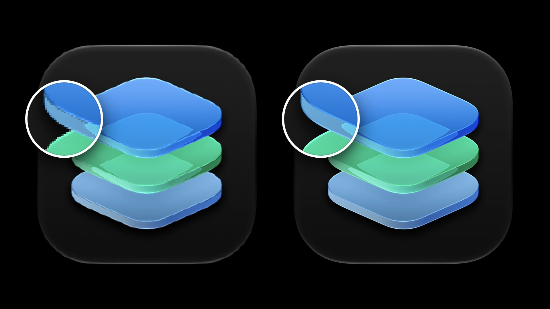 The app icon for Icon Composer at different export resolutions, with artifacts that are more visible in lower resolutions.