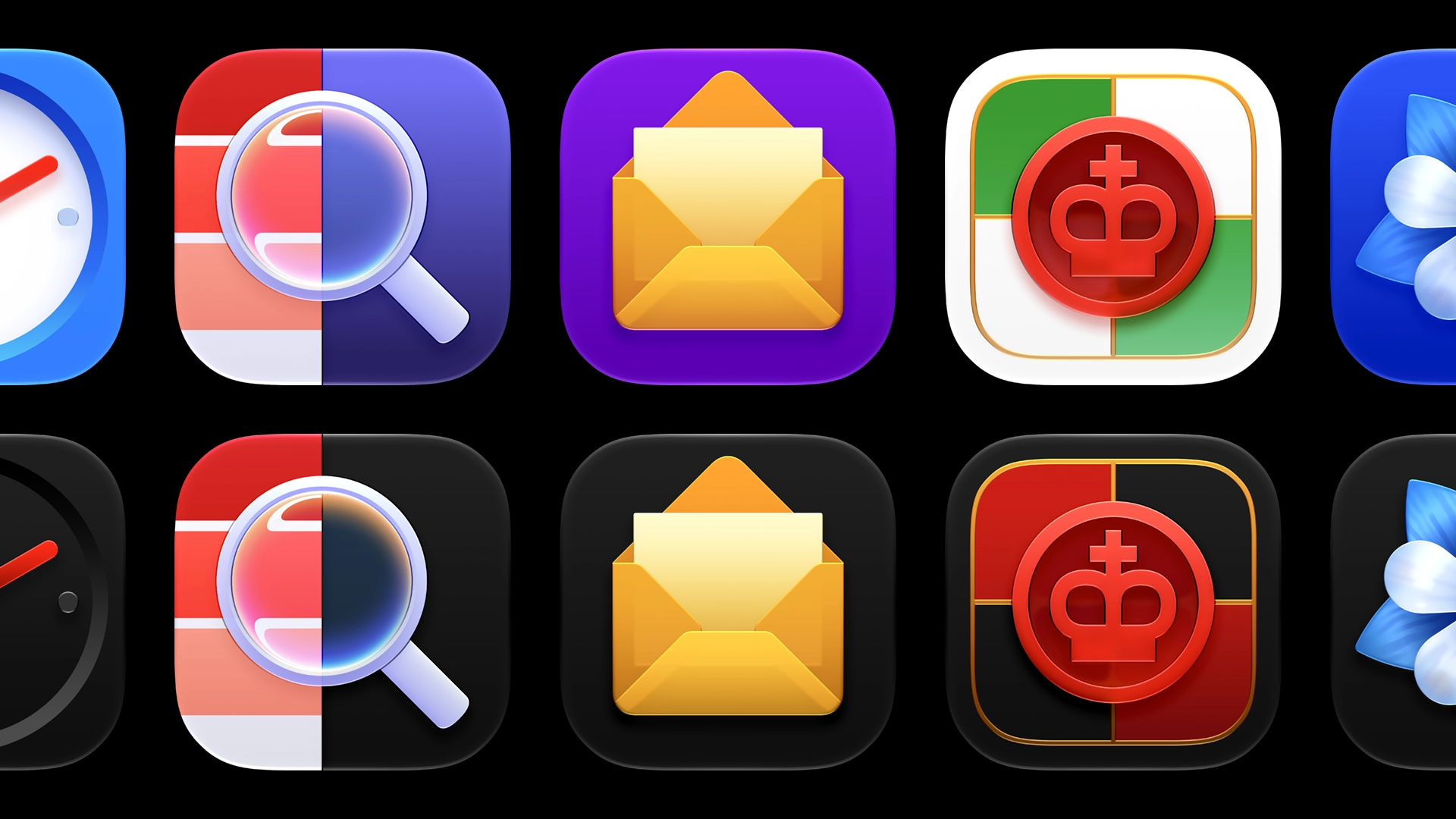 Two rows of app icons, in full color and in a dark appearance.