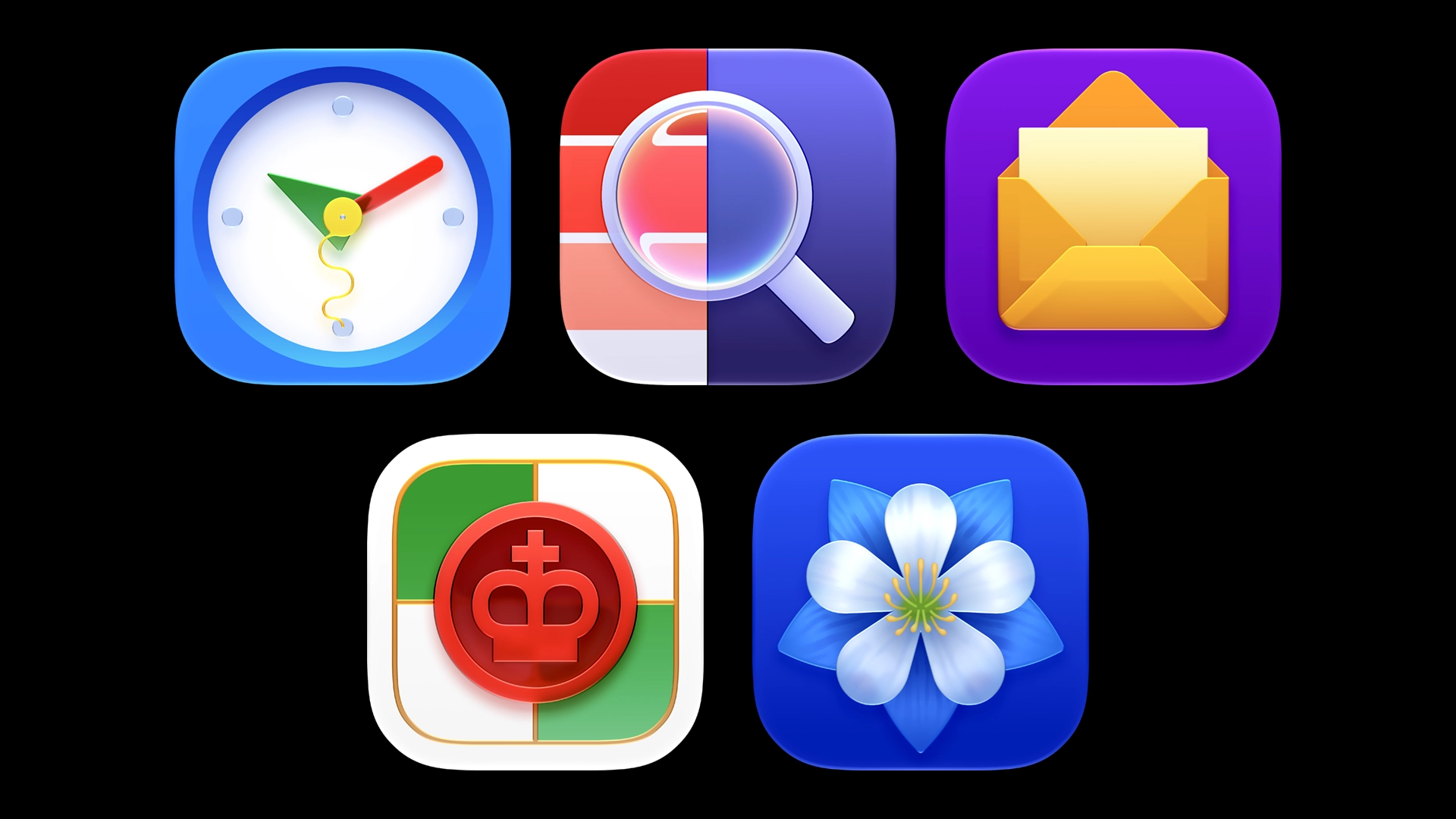 Five custom app icons exhibiting the updated Liquid Glass style.