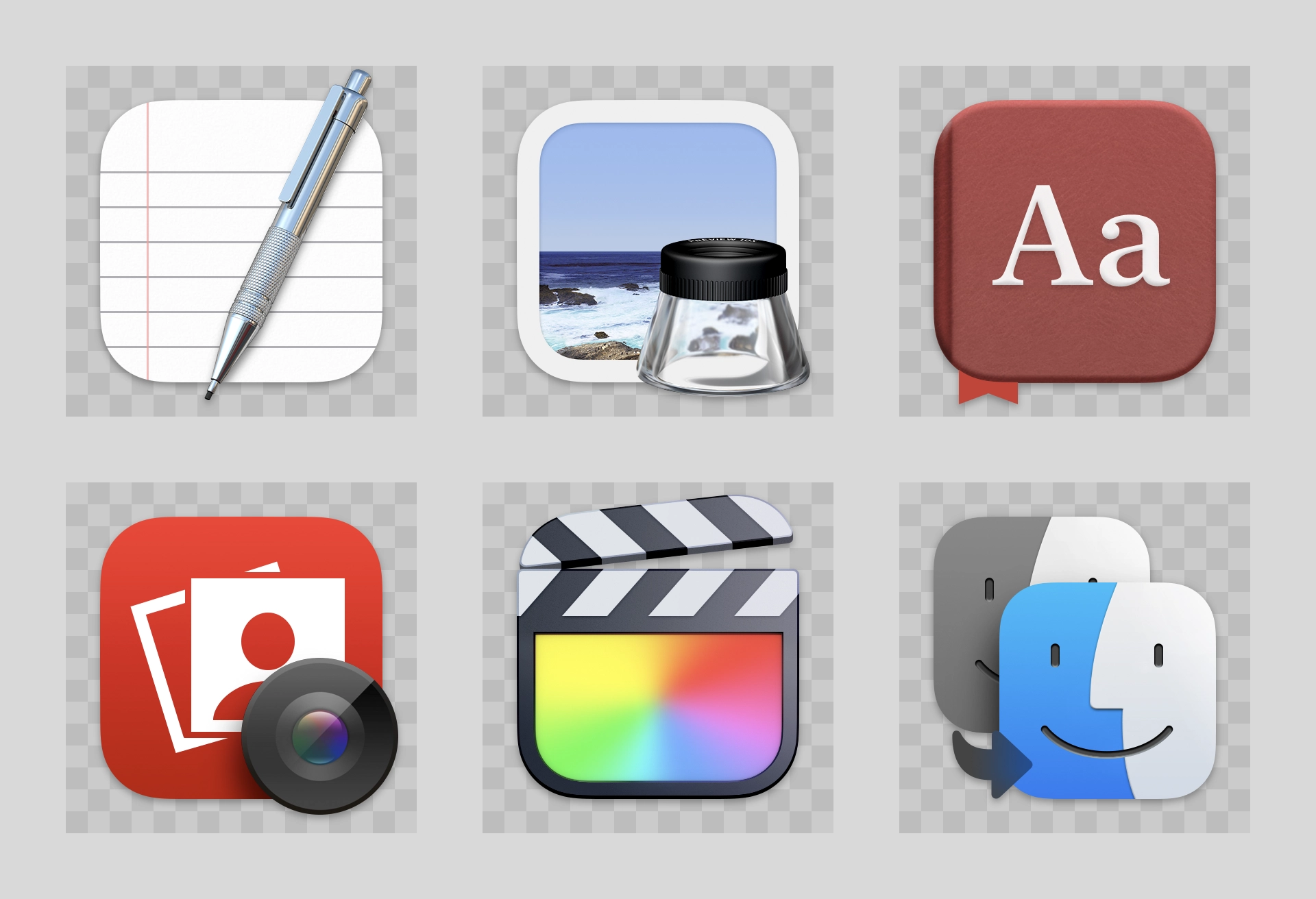 Six app icons from macOS 11, featuring various methods of extending beyond the expected squircle shape.