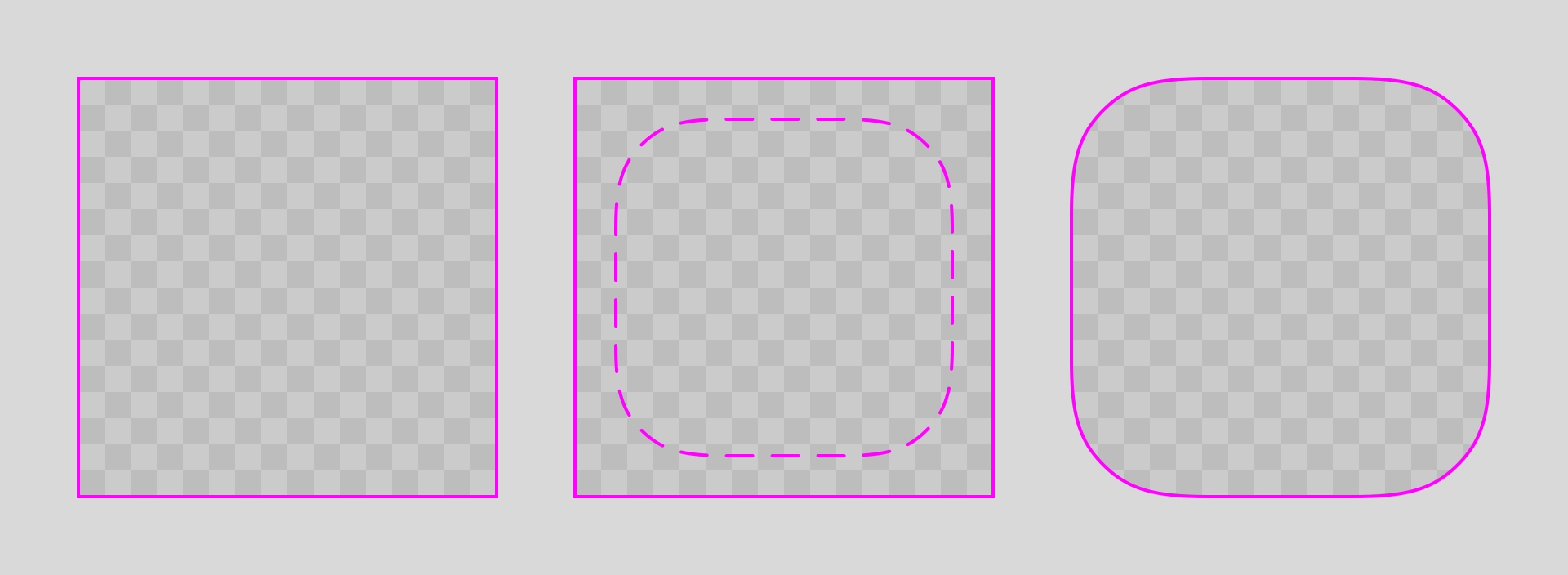 The original square canvas for OS X app icons, the macOS 11 templated canvas, and the macOS 26 squircle-shaped canvas.