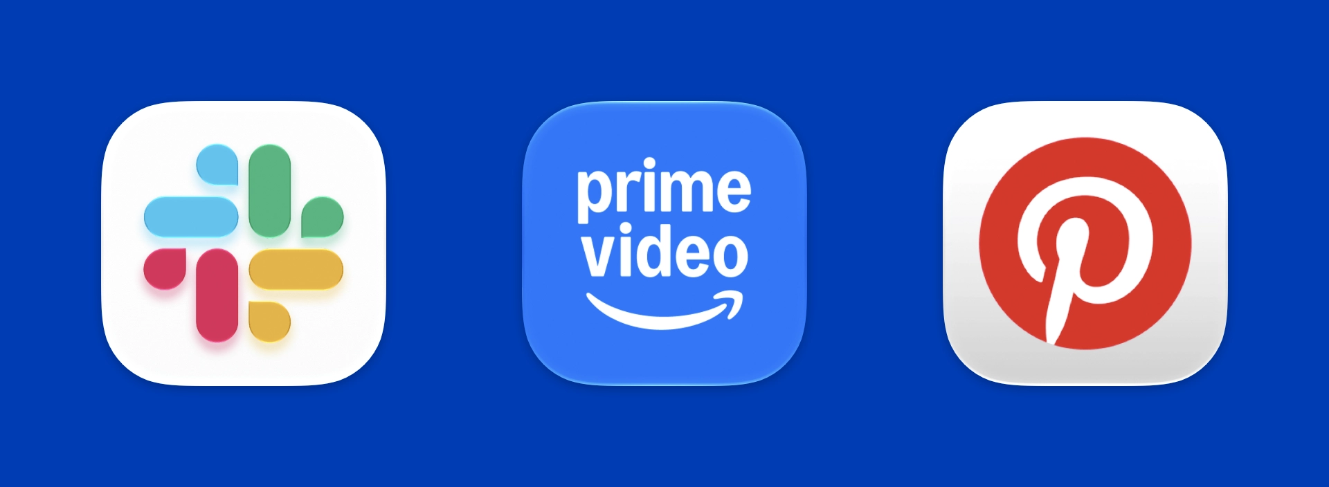 Three logo icons for Slack, Prime Video, and Pinterest.