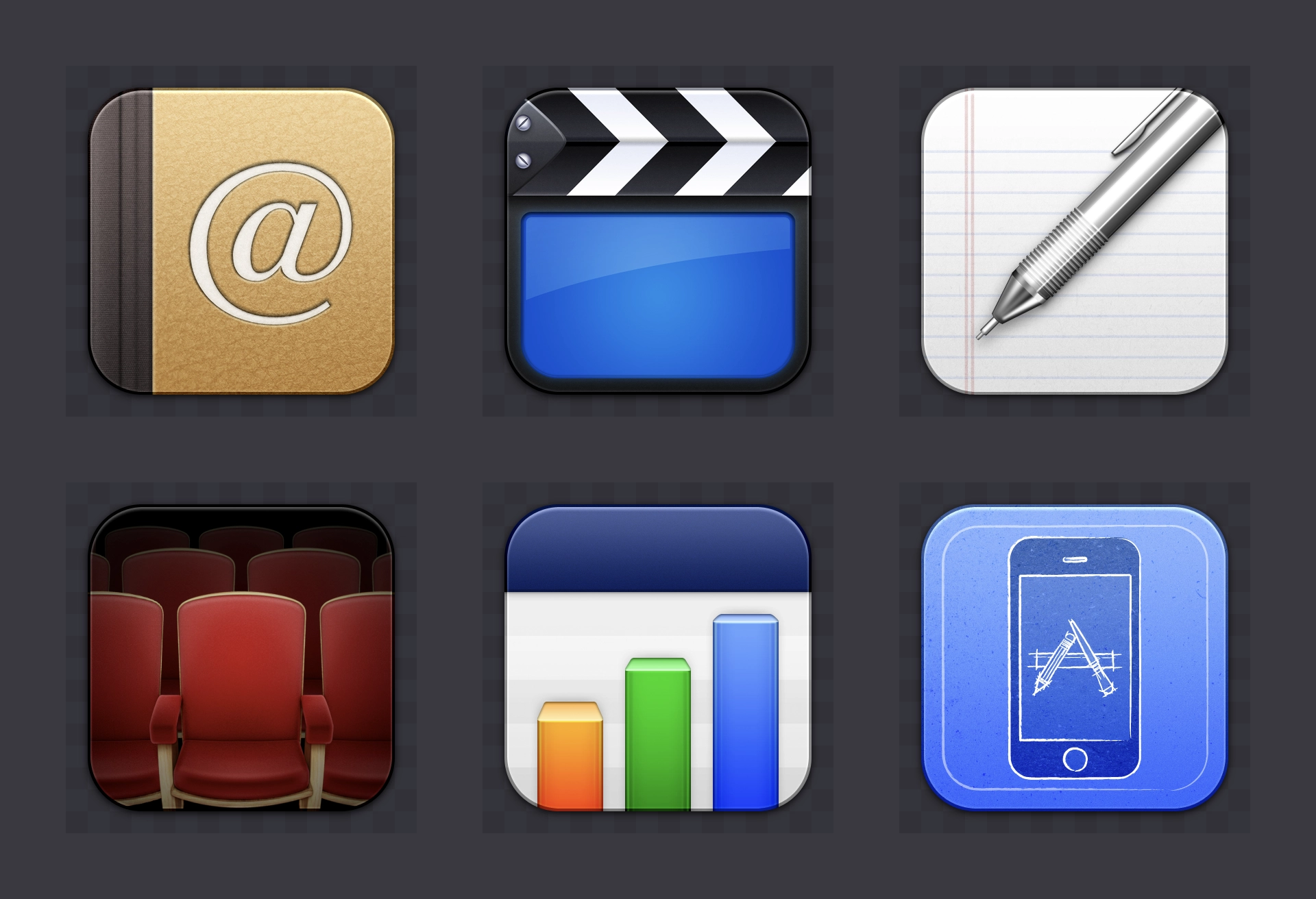 Six icons from the Flurry app icon series, representing Address Book, iMovie, TextEdit, Front Row, Numbers, and iPhone Simulator.