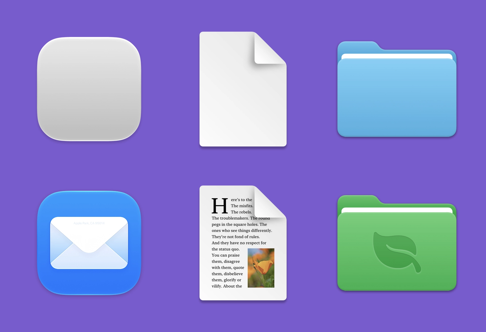 Three generic silhouettes for apps, files, and folders, with examples of their specific counterparts, representing Mail, a rich text document, and a green leaf-stamped folder.