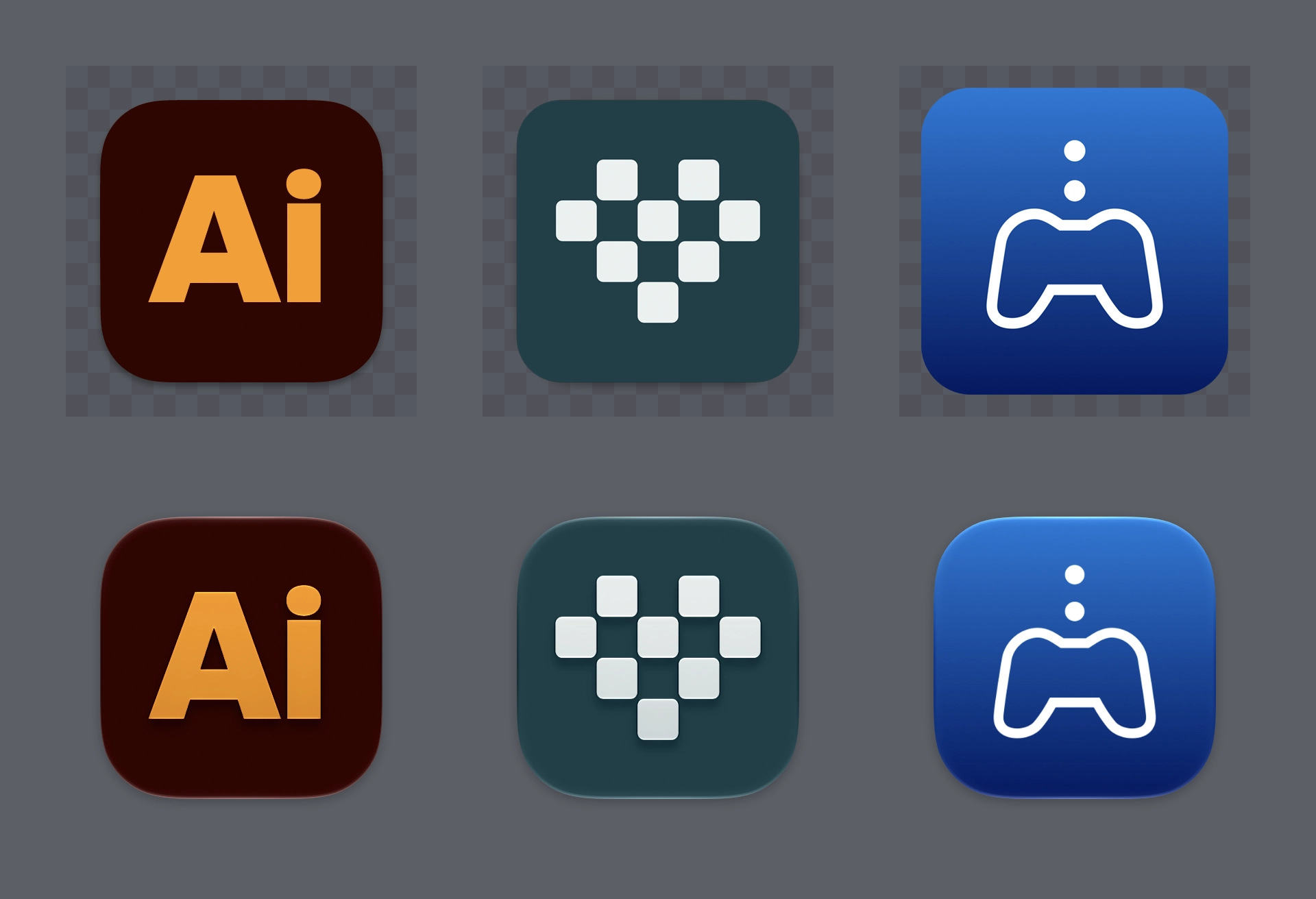 App icons for Adobe Illustrator, 8BitDo, and PS Remote Play compared to their contained versions from macOS 27.