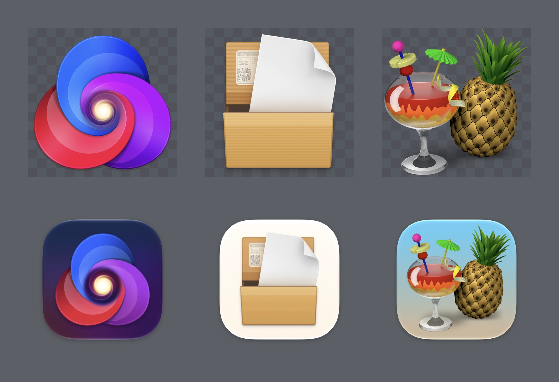 App icons for previous versions of Nova, The Unarchiver, and HandBrake compared to their current, contained versions from macOS 27.